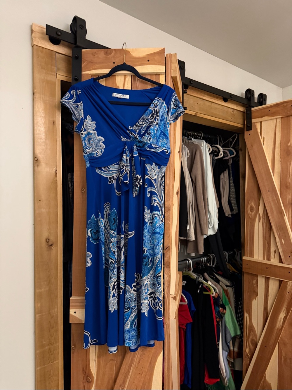 Evan Picone Blue Paisley Midi Dress with Tie-Front